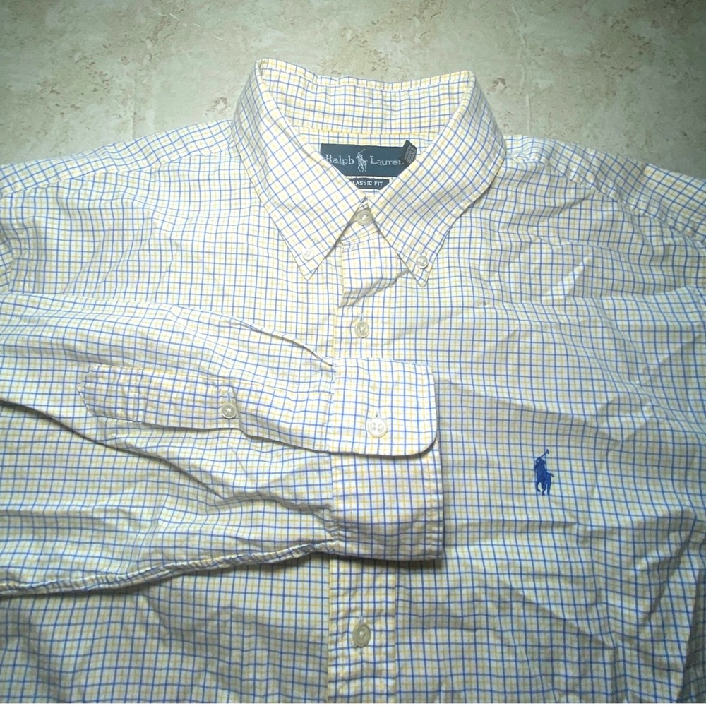 Ralph Lauren Classic Fit Plaid Button Down Shirt Mens Yellow Blue‎ Long Sleeve